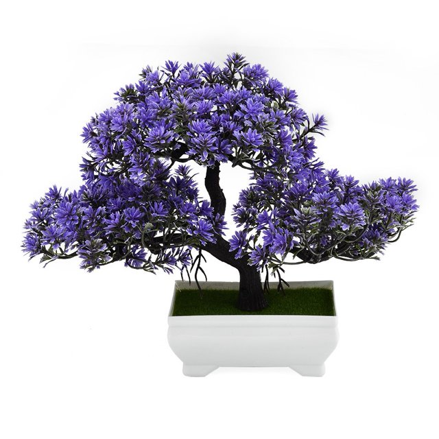 Luckyn A Simulation Lotus Pine Flower Bonsai Set Small Potted Green Plants with UV-resistant vibrant purple flowers and a realistic black trunk, displayed in a rectangular white pot with a green artificial grass base. The bonsai measures approximately 25x19cm overall, with the pot dimensions of 11x5cm. Perfect for home décor, weddings, offices, and landscaping projects.