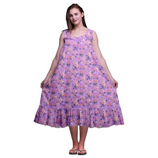 Bimba Nuisettes en Coton Améthyste2 à Feuilles Florales et Renoncules pour Femmes Mi-Mollet Imprimées Robe de Nuit XXX-Large