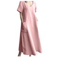 thumbnail image 2 of Robes pour Femmes 2024 Été Surdimensionnée Printemps et Col en V Uni Coton et Lin Décontractée avec Poche Robe à Manches Courtes Rabais de 50 % Liquidation!, 2 of 9