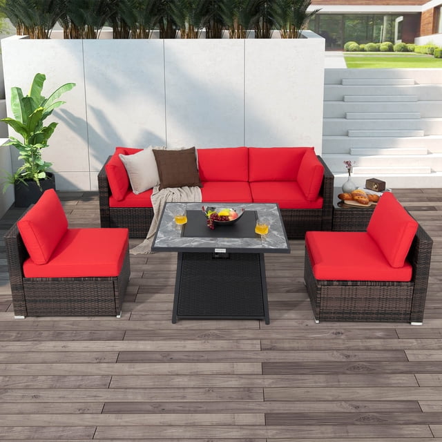 Costway Ensemble de Mobilier de Patio 7 Pcs avec Table de Foyer au Gaz Propane de 35 Pouces et Housse Imperméable Rouge
