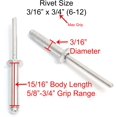thumbnail image 2 of ORUYROP Rivets, Aluminum, 3/16" x 3/4" Inch, (6-12), Choose Size, Gap (.62-.75)" (100 Pack), Blind Rivet by ., 2 of 7