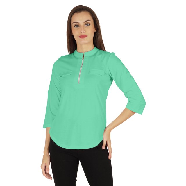 Inkmeso Stylish Mandarin Collar Top For Women Casual Solid Relaxed-Fit Zipper Front Tunic