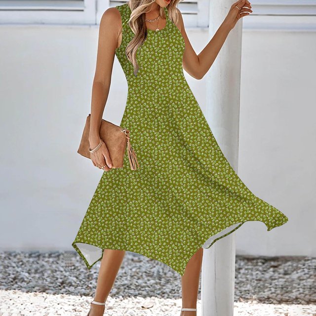 Ovzne Robes d'Été pour Femmes Robe Femme Imprimé Sans Manches Poche Ourlet Irrégulier Col Rond Robe Robe de Printemps Imprimée Liquidation