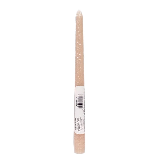 Hometrends 10 inch blush unscented taper candle wrapped in clear plastic with a white label, standing upright on a white background, ideal for home décor and use with heat-resistant taper holders.