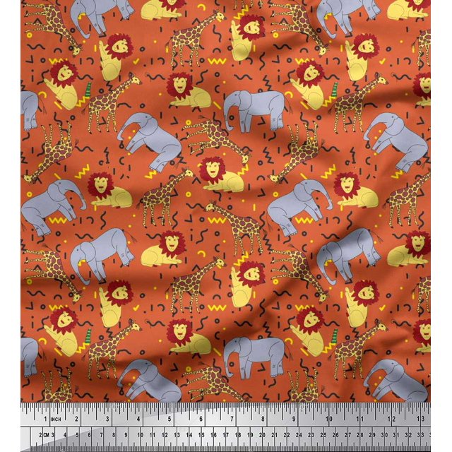 Soimoi Orange Polyester Crepe Fabric Lion,Giraffe & Elephant Kids Decor Fabric Printed BTY 42 Inch Wide