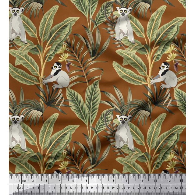 Soimoi Modal Satin Fabric Leaves & Lemur Animal Decor Fabric Printed Yard 42 Inch Wide