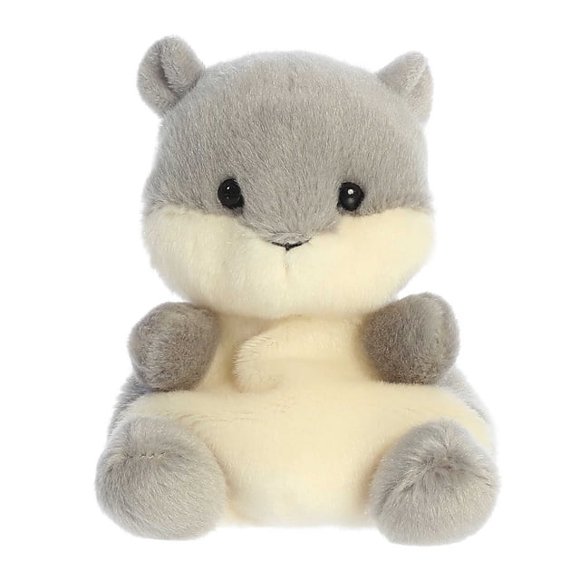 Aurora Palm Pals - Gus Grey Squirrel 5-inch stuffed animal plush toy with a soft, fluffy grey and cream design, black eyes, and bean pellets for stability. Suitable for all ages, perfect for cuddling or gifting.