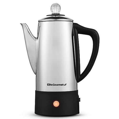 Elite Gourmet EC140 Percolateur Électrique pour Café de 6 Tasses avec Maintien au Chaud, Bouton de Progression d'Infusion Clair, Poignée au Toucher Froid, Service Sans Cordon, Acier Inoxydable