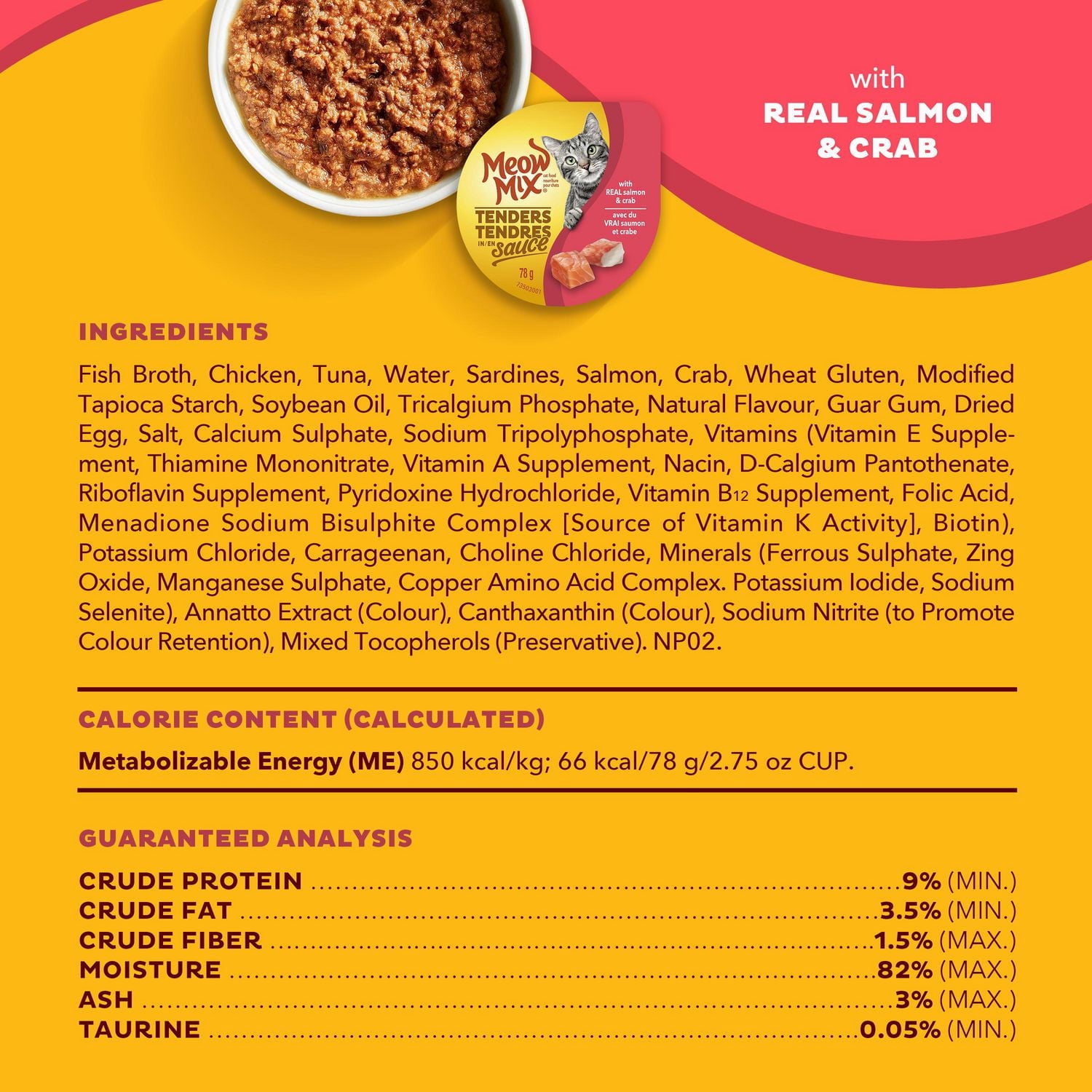 Meow Mix Tenders in Sauce with Real Salmon & Crab, Wet Cat Food, 78G