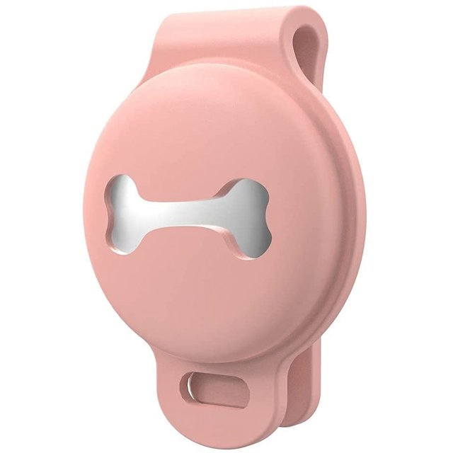 Airtag Cat Collar Holder, Small Air Tag Dog Collar Holder compatible with Apple Tag, crafted from soft pink silicone. Designed for collars or straps under 1.4 inches wide, it features a bone-shaped cutout and a loop for secure attachment. Lightweight and durable, it protects the Airtag from scratches and shocks while ensuring easy installation and removal. Ideal for pet tracking and GPS accessory use.
