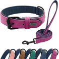 thumbnail image 1 of Hongkaii Soft Padded Leather Dog Collar and Leash Set, Heavy Duty Dog Leash and Collar Set with Metal Buckle, Breathable Dog Collars with 4FT Leather Dog Leash for Small Medium Large Dogs, Purple, L, 1 of 8