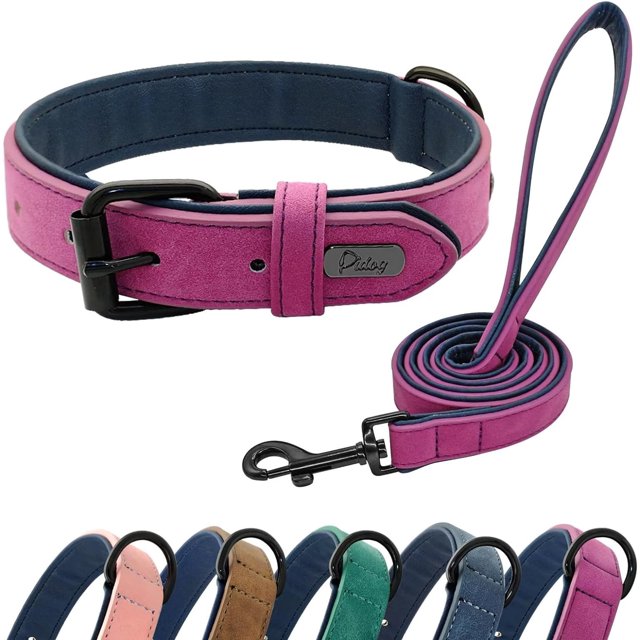 Hongkaii Soft Padded Leather Dog Collar and Leash Set, Heavy Duty Dog Leash and Collar Set with Metal Buckle, Breathable Dog Collars with 4FT Leather Dog Leash for Small Medium Large Dogs, Purple, L