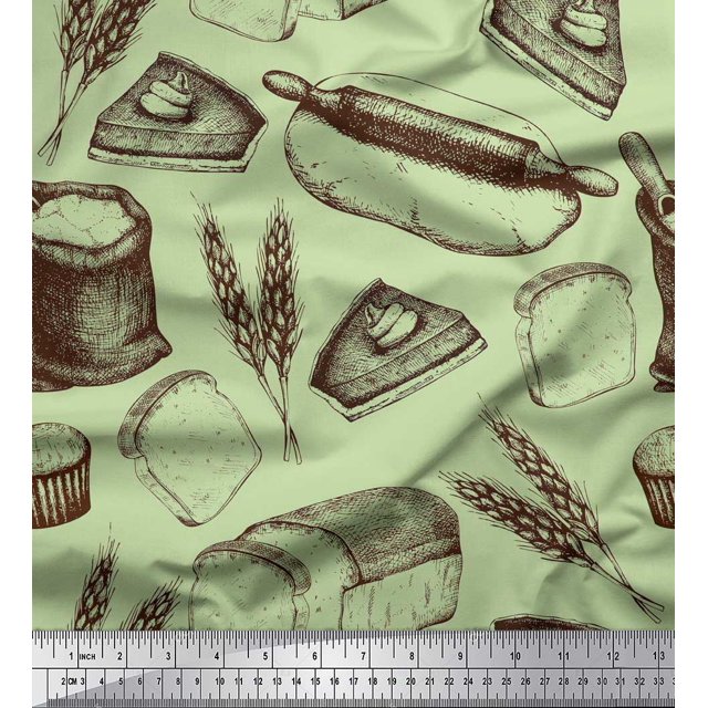 Soimoi Poly Georgette Fabric Rolling Pin,Wheat & Sandwich Bread Food Print Fabric by Yard 52 Inch Wide