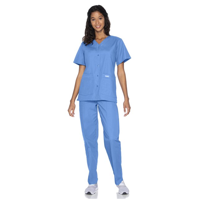 Landau Women's Essentials Snap Front Scrub Top, Classic Relaxed Fit, V-Neck, 4 Pockets