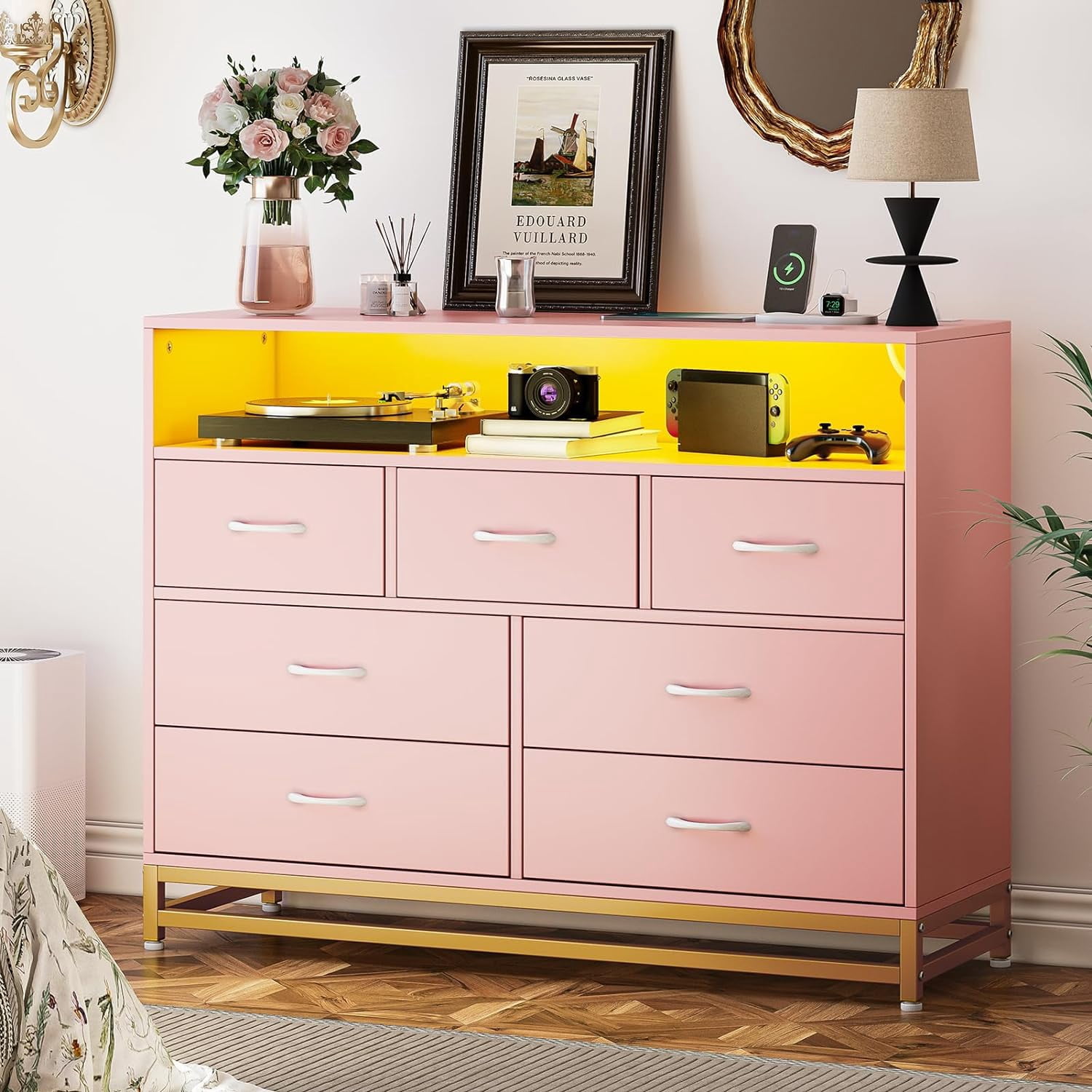 Pink Dresser for Bedroom, Modern 7 Drawers Long Dresser with Charging Station and LED Lights Design, Wooden Large Capacity Storage Chest of Drawers, Wide Dresser for Living Room, Hallway