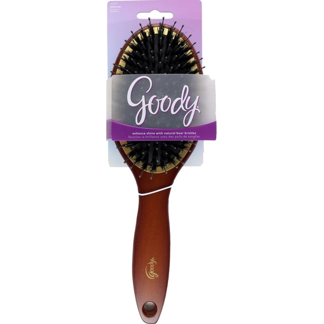 Goody Smooth Blends Boar Cushion Brush with a brown wooden handle and mixed natural boar and plastic-tipped bristles on a cushioned base with gold trim, designed for detangling and smoothing all hair types, suitable for everyday use on wet or dry hair.