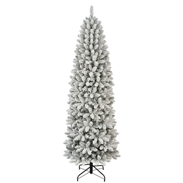 Puleo 7.5ft Pre-lit Slim Frosted Birmingham Fir Tree with 923 frosted PVC tips, slim conical shape, pre-lit with 350 clear CUL lights, easy hinge assembly, and black metal stand, suitable for compact holiday decor spaces.