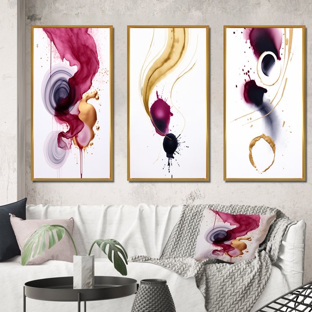 Designart "Fluidity Exquisite Magenta Ink Clouds V" Abstract Painting Framed Wall Art Set Of 3 - Gold Modern Frame Gallery Wall Set For Home Decor