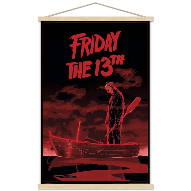Friday The 13th - Boat Wall Poster, 22.375" x 34", depicting a red and black illustration of a masked figure standing in a wooden rowboat holding an oar, with red clouds in the background and the title text in bold red letters above, ideal for horror-themed wall art and room decor.