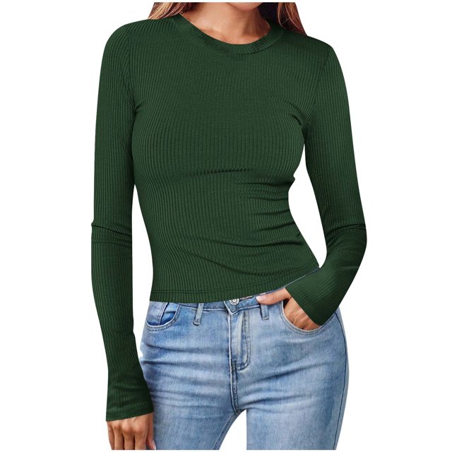 Dealovy Hauts de Sortie pour Femmes Chandails à Manches Longues Haut Court en Tricot Côtelé Coupe Ajustée Décontracté T-Shirts à Col Rond