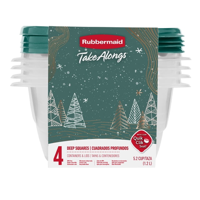 Rubbermaid TakeAlongs 5.2-Cup Deep Square Food Storage Containers with Limited-Edition Blue Spruce lids, set of 4, featuring Quik Clik Seal lids that click when closed, stackable ridged lids for space-saving storage, BPA-free, microwave-safe bases, and dishwasher-safe lids, suitable for meal prep and holiday food transport.