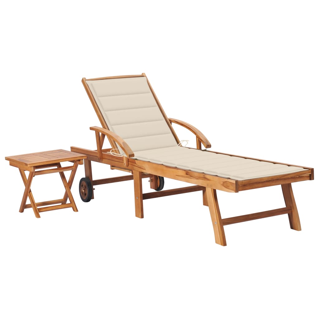 vidaXL Chaise Longue avec Table et Coussin en Bois de Teck Massif