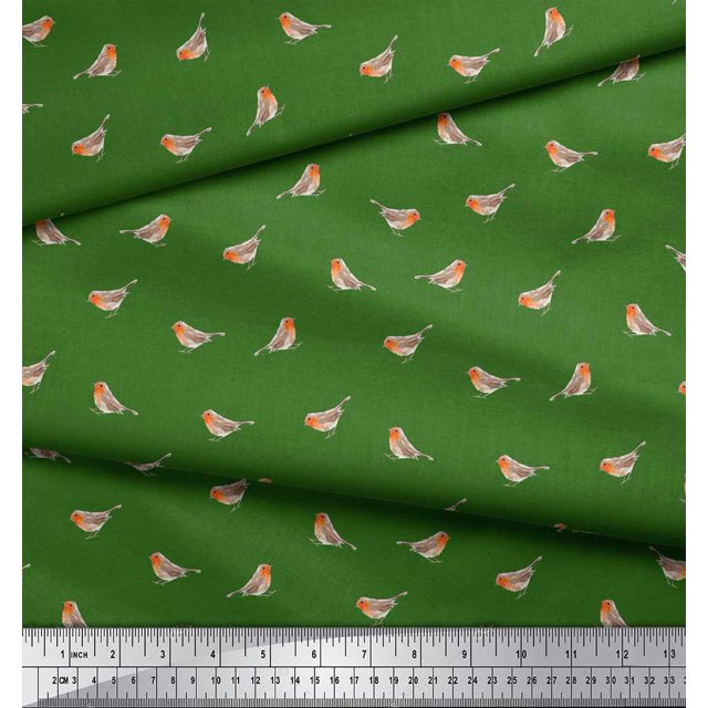 Soimoi Green Rayon Fabric American Robin Bird Print Fabric by The Yard 56 Inch Wide