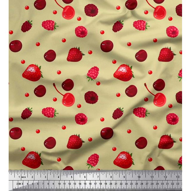 Soimoi Rayon Fabric Raspberry,Strawberry & Cherry Fruits Print Fabric by Yard 56 Inch Wide