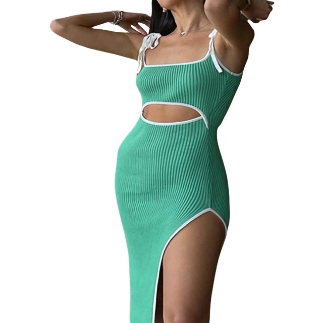 Robe Longue Côtelée pour Femmes Bodycon Maxi Robe Fendue E-Girl Robe de Plage Découpée pour Fête Clubwear