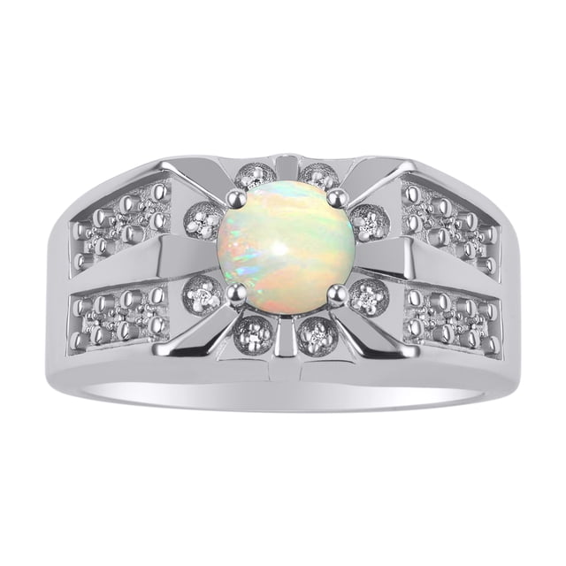RYLOS Men's Rings Sterling Silver Designer Starburst 7MM Round Gemstone & Diamond Ring Opal October Birthstone Rings Size 10