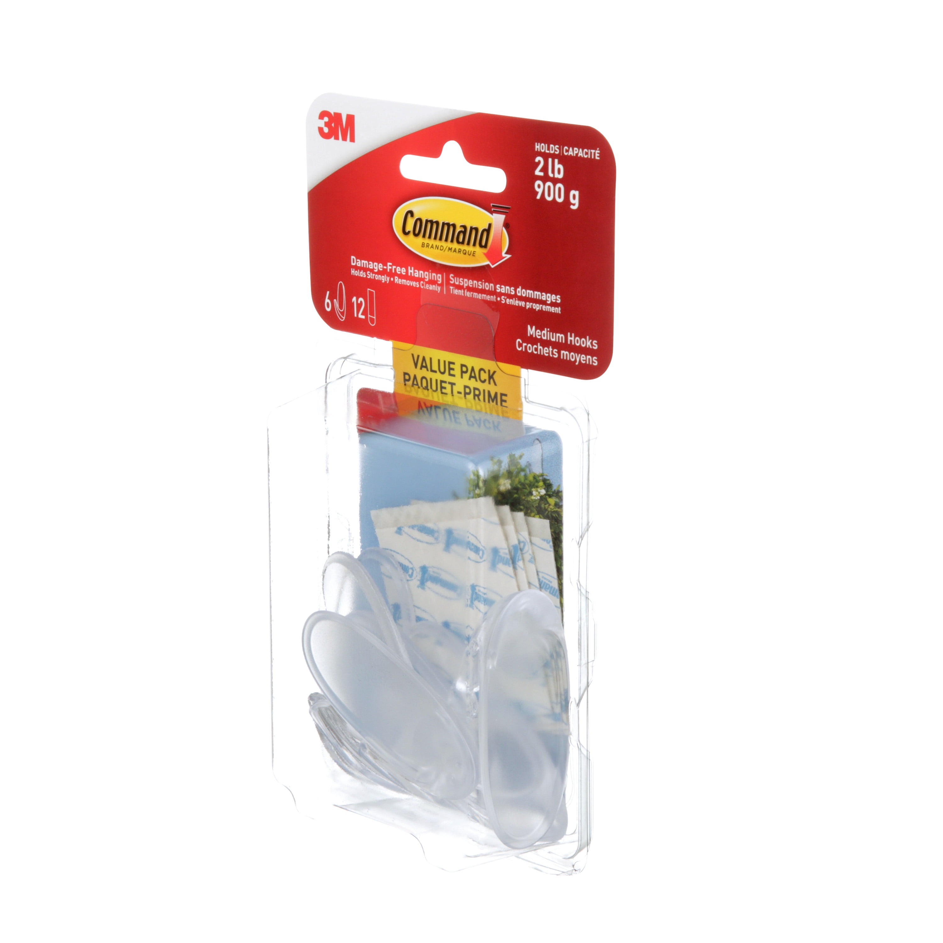 Crochets transparents Command, taille moyenne, supportent 0,9 kg (2 lb), 6 crochets, 12 languettes adhésives, lot économique