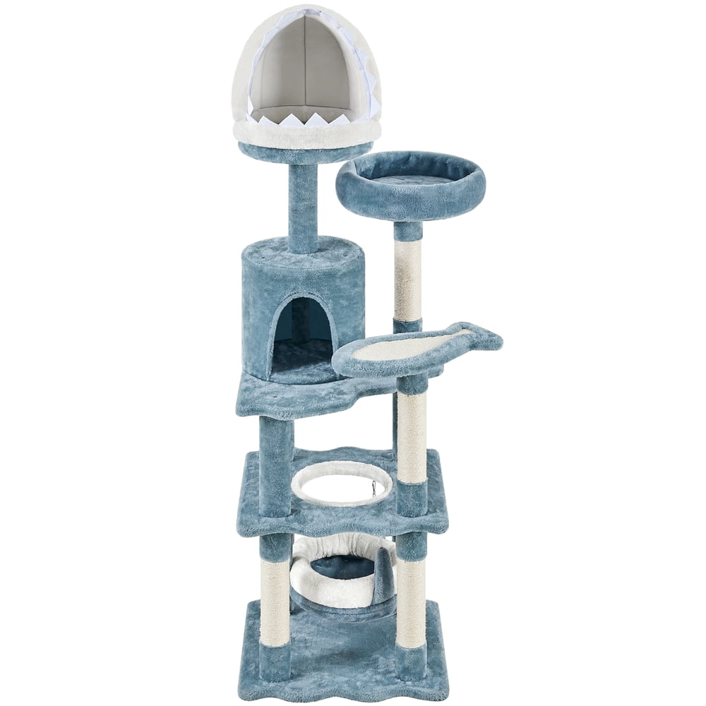 Yaheetech Ocean-Themed Multi-Level Cat Tree Tower with Condo, Perches, Hammock, Blue/White