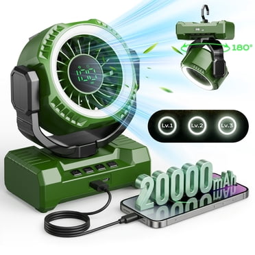 Fimilo Ventilateur de Camping 20000mAh avec Lumière, Ventilateur Portable Rechargeable avec Crochet, 100 Vitesses, Télécommande, Minuterie, Oscillation à 180°, Alimenté par Batterie pour Tente Extérieure Plage Voyage
