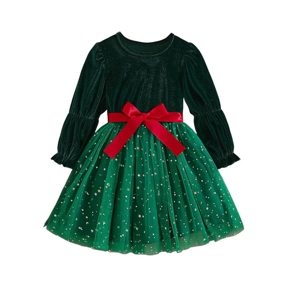 WUANDIXFA Toddler Velvet Dress Girls Toddler Baby Girl Christmas Dress for Girls Long Sleeve Dress Girls Dress Girls Tutu Winter Party Dress Green,5-6 Years