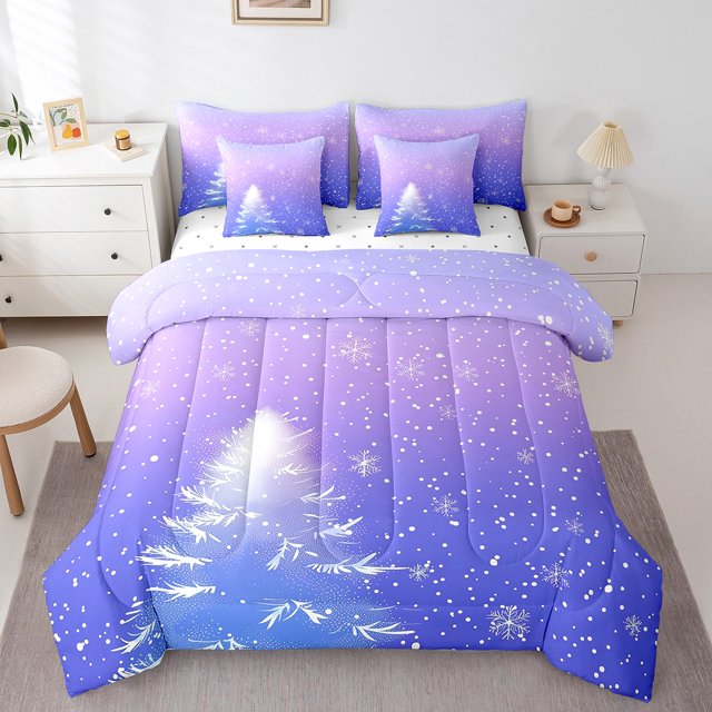 YST Ombre Bed Sheets Set,Purple Gradient Bed In A Bag For Kids Girls,Christmas Day Full Comforter Set 7 Piece,Xmas Snowflake Tree Bed Set,Winter Snow Bedding Comforter Sets,With 2 Pillowcase