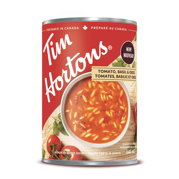 Tim Hortons Tomato, Basil & Orzo Soup, 540 ml Can, Creamy Tomato Base with Orzo and Basil, Prepared in Canada