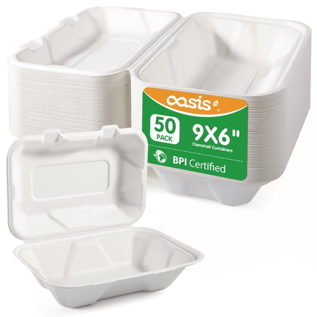 OasisSN 50 Pack Clamshell To Go Containers Disposable, 100% Compostable Take Out Food Containers, 9X6 inch Heavy-Duty To Go Boxes, Eco-Friendly Biodegradable To Go Containers For Food