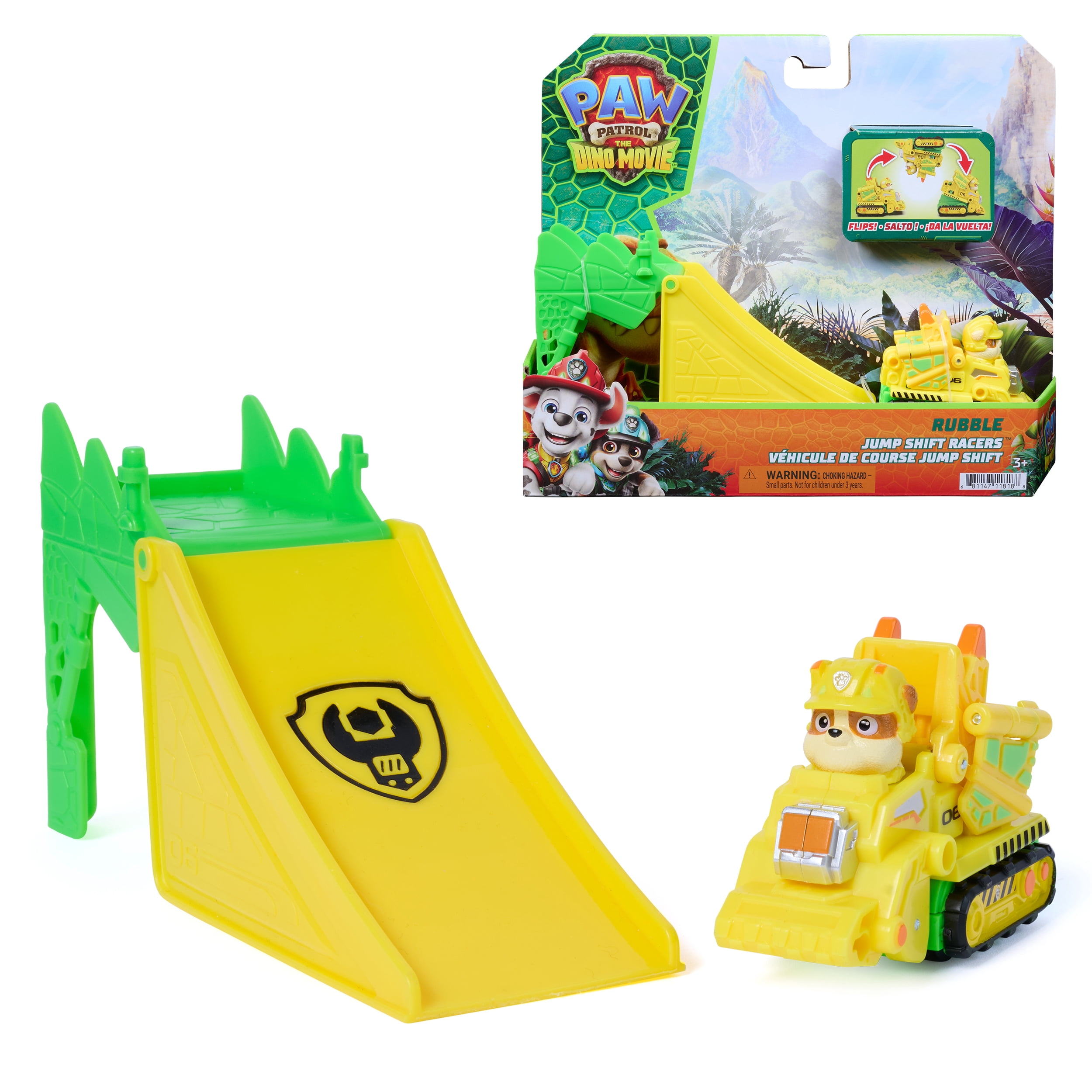 PAW Patrol: The Dino Movie, Rubble Jump Shift Racers, véhicule de construction transformable par salto, jouets pour enfants d'âge préscolaire, pour filles et garçons à partir de 3 ans