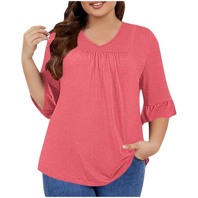 Timegard Hauts Grande Taille pour Femmes Col en V Froncé à Volants Manches 3/4 T-Shirts Confortables Décontractés Amples