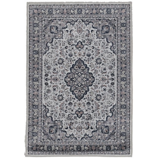Tapis 5 Pieds x 7 Pieds Emerald Barton Black & Cream en polyester à Poil Ras avec Motif floral Traditionnel Crème et Gris, Médaillon central, Bordure Détaillée, Bords Dentelés et Endos en Feutre avec Poignées en Caoutchouc, Idéal pour les Espaces Très Passants et Petits.