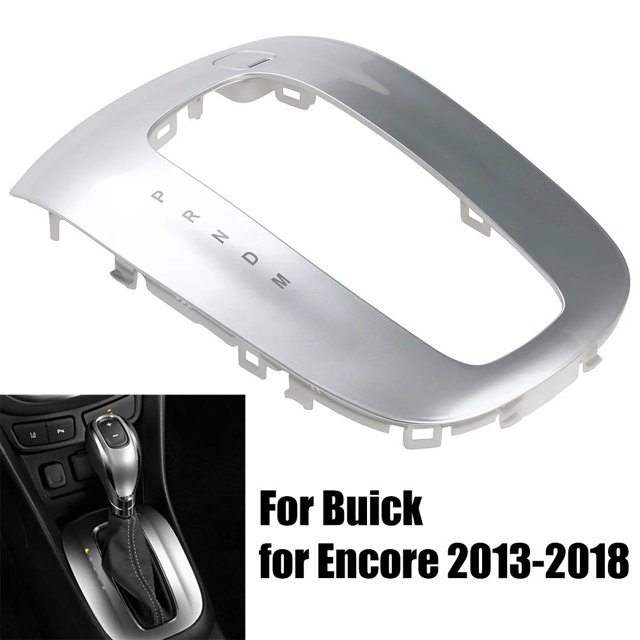 Lefu Center Gear Shifter Cover Surrounding Bezel Trim designed for Buick Encore models from 2013 to 2018. The silver ABS gear shift panel features factory specifications for a perfect fit, stable characteristics, and high reliability. The image shows the trim with clear markings for gear positions (P, R, N, D, M) and an inset view of the installed panel in a car interior.