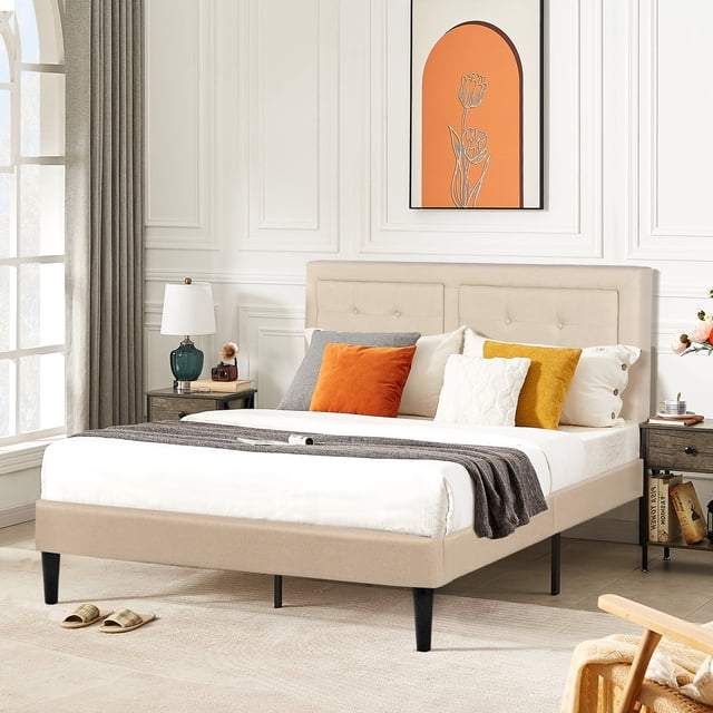 VECELO Lit Plateforme Rembourré avec Tête de Lit Capitonnée Réglable, Support Robuste à Lattes de Bois, Beige