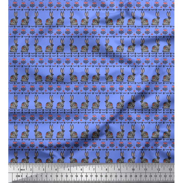 Soimoi Blue Cotton Jersey Fabric Flower & Rabbit Folk Art Decor Fabric Printed Yard 58 Inch Wide