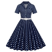 Womens Polka Dot 1950s Style Short Sleeves Rockabilly Vintage Cocktail Swing Dress with Belt Elegant Evening Prom Dress