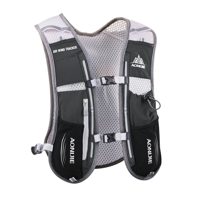 AONIJIE Hydration Backpack Vest, 5L breathable and lightweight multifunctional camping backpack for triathlon, marathon, hiking, cycling, climbing, and running. Black and grey design with adjustable straps, mesh back panel for sweat absorption, and multiple front pockets for storage. Ideal for travel bags and outdoor accessories.