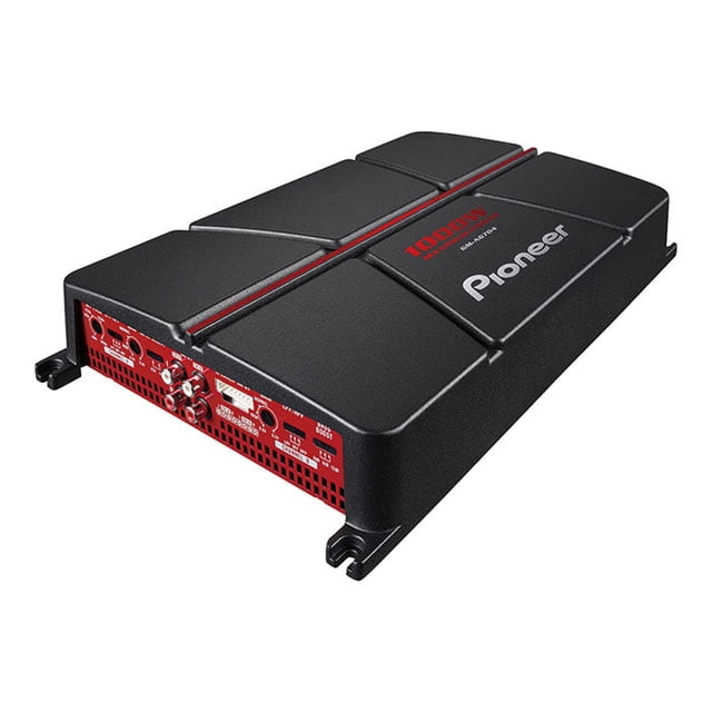Pioneer GM-A6704 4-Channel Bridgeable Amplifier with Bass Boost, featuring a sleek black and red design with visible input and control ports. This car amplifier offers variable high-pass and low-pass filters, adjustable bass boost up to 12 dB, and preamp and speaker-level inputs. Compact and space-efficient, it is designed for flexible installation in car audio systems.