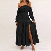 Lovzfmll Women Summer Long Sleeve Off Shoulder Dress, Solid Flowy Maxi Dress for Women Black, S