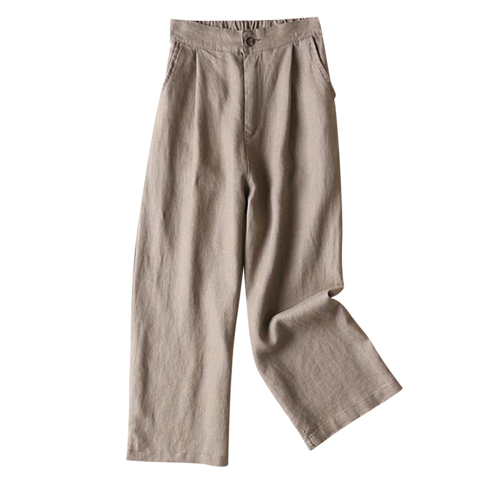 Timegard Womens Lounge Pants Wide Leg Cotton Linen Elastic Waisted Button Loose 3/4 Pants with Pockets