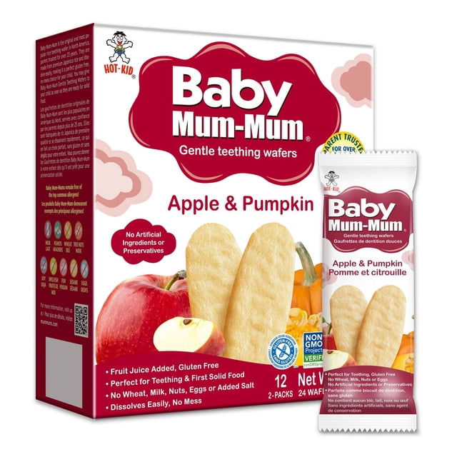 Baby Mum-Mum Apple & Pumpkin gentle teething wafers box and single pack showing two light beige rice wafers with smooth texture beside a red apple and orange pumpkin, gluten-free and non-GMO, ideal teething snacks and first solid food for babies that dissolve easily with no mess.