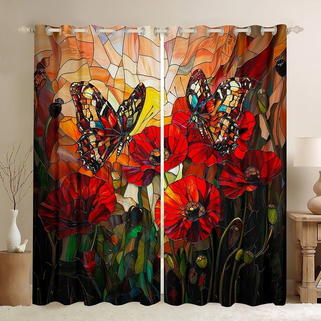 Poppy Flowers Window Drapes Block 30%-50% Light,Rustic Blooming Red Flowers Botanical Kitchen Window Treatments 42Wx63L Inches,Garden Butterfly Artistic Stained Glass Style Window Curtains